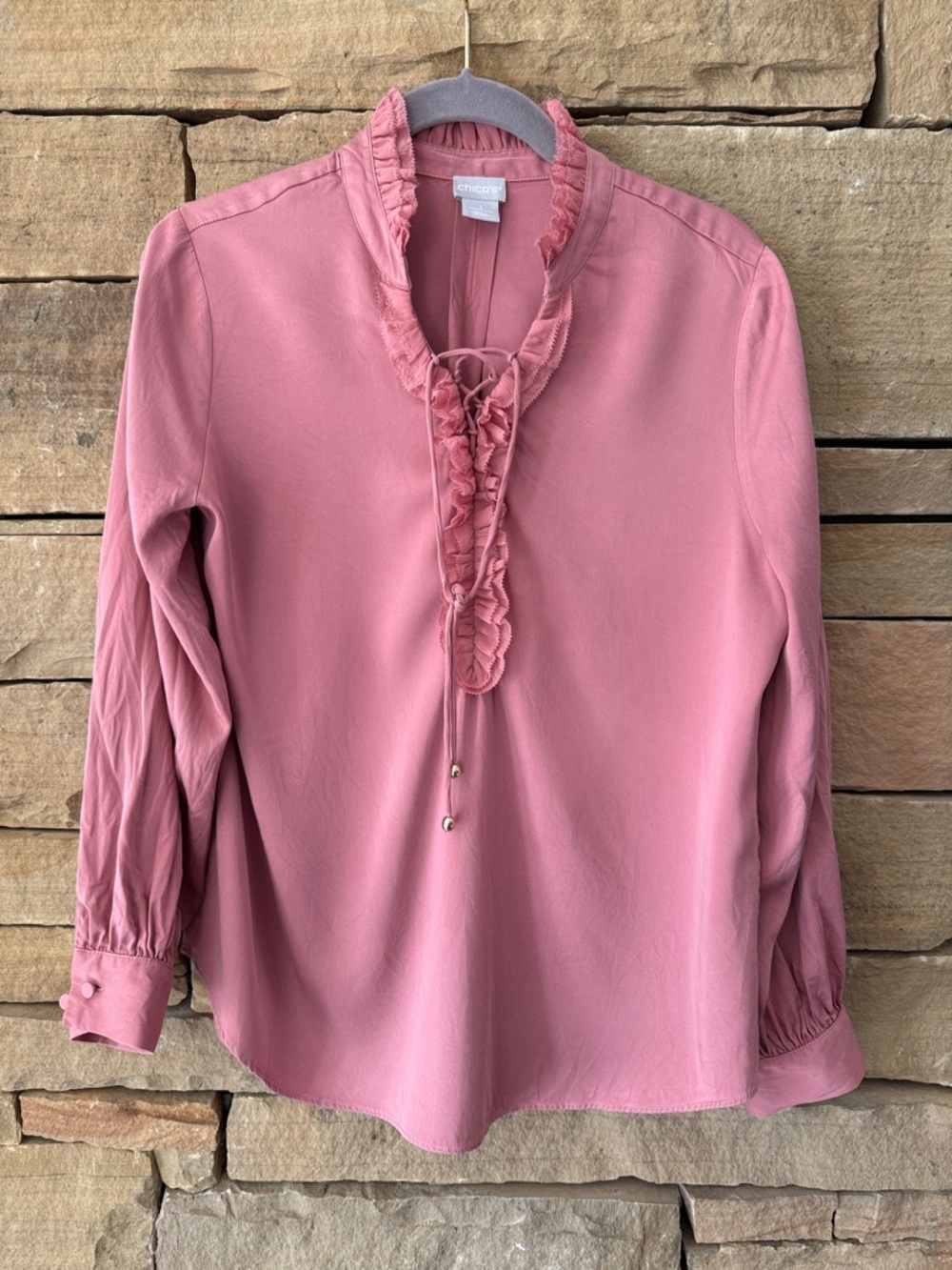 Chico's Dusty Rose Ruffled Tie-Front Blouse. Laced V Neck, Romantic Style